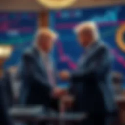 President Trump shaking hands with a crypto billionaire in an office setting, with financial charts in the background.