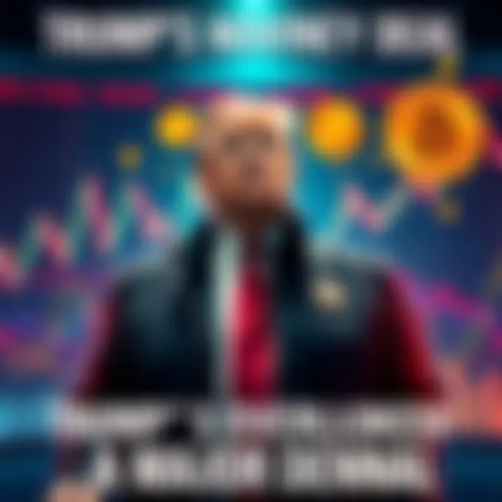 Donald Trump standing in front of financial charts and cryptocurrency symbols, highlighting a controversial deal
