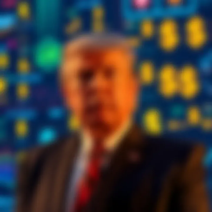 Trump's Cryptocurrency Empire Donald Trump standing in front of a digital screen displaying cryptocurrency graphics and dollar signs.