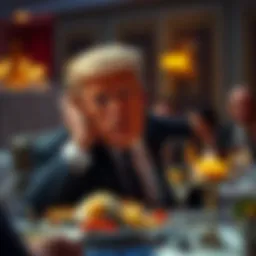 A guest at a Trump dinner expresses discontent with the food and speech, looking frustrated at the table.