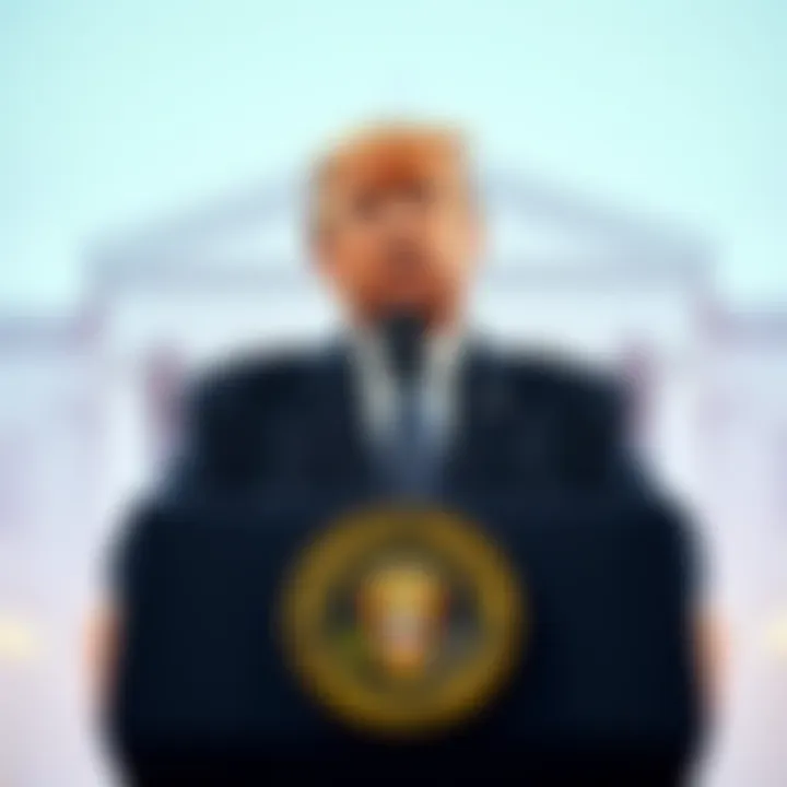 President Trump speaking at a podium with a Federal Reserve logo in the background, discussing interest rate cuts