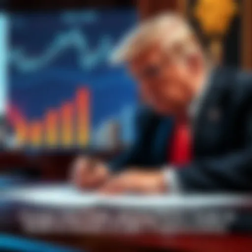 Former President Trump preparing to sign an executive order allowing retirement funds to be invested in cryptocurrency, with financial symbols in the background.