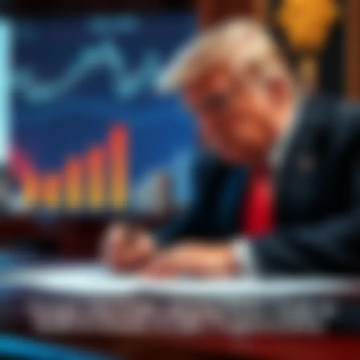 Former President Trump preparing to sign an executive order allowing retirement funds to be invested in cryptocurrency, with financial symbols in the background.