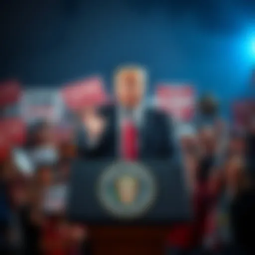 Donald Trump stands at a podium making a statement while looking directly at the camera, surrounded by excited supporters holding signs in the background.