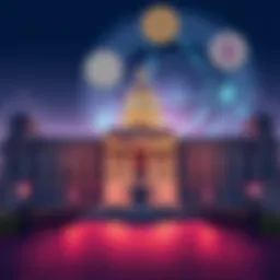 Illustration of a government building with a graphic of cryptocurrencies in the background, symbolizing the crackdown on tax evasion.