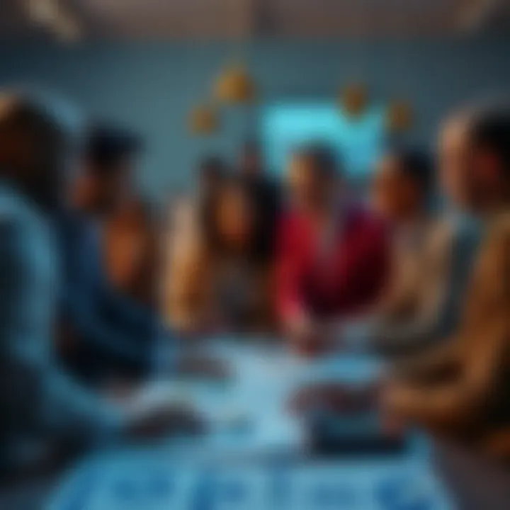 A group of diverse people discussing the banking system with charts and documents on a table.