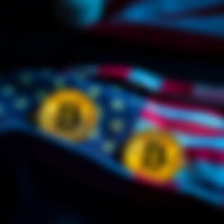 Representation of Bitcoin symbols and U.S. flag, indicating potential government purchases