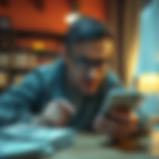 A worried person glancing at their phone, showcasing concern over a locked bank account, with rent bills visible on the table.