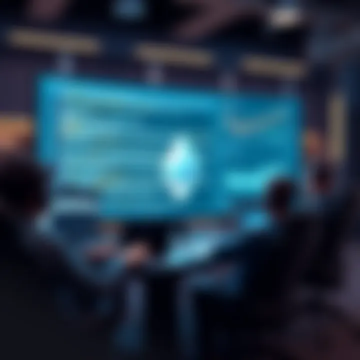 Group of validators working together on a computer screen displaying Ethereum code and charts, focusing on improving scalability and performance.