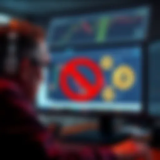 A frustrated investor looking at a computer screen showing Bitcoin ETF logos with a red block symbol over them, symbolizing Vanguard's restrictions.
