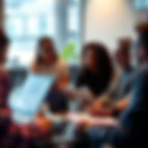 A group of people engaged in a discussion about Vechain and blockchain technology, with laptops and notepads in a casual setting.