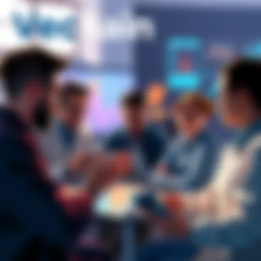A group of people engaging in a discussion about Vechain and blockchain technology, with laptops and tablets present.