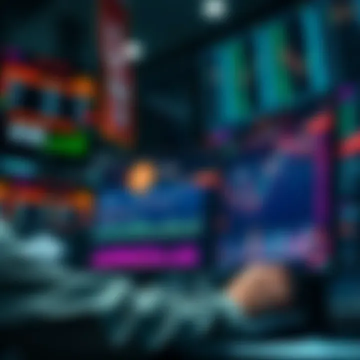 A Wall Street trader analyzing Bitcoin trends on a computer screen amidst financial charts and graphs.