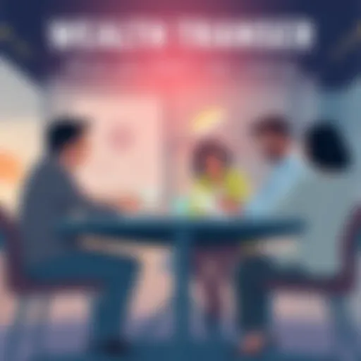 A family discussing finances around a table, highlighting generational wealth transfer.