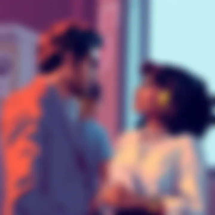 A couple discussing gender roles, with the woman confidently expressing her views while the man listens attentively.