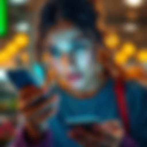 A woman looking at her phone with a concerned expression, as she chats on WhatsApp about investment schemes.