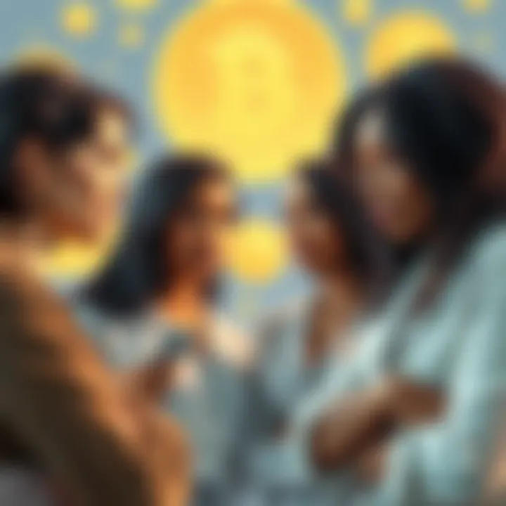 A group of diverse women discussing cryptocurrencies with Dogecoin symbols in the background, highlighting their involvement in the investment space.