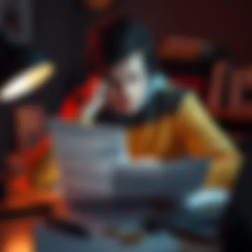 A person sits at a desk with a stressed expression, holding their head in their hands while looking at financial documents related to cryptocurrency investments.