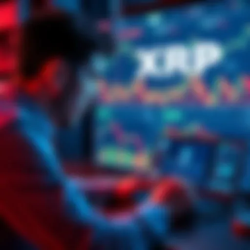 A person examining XRP cryptocurrency graphics with financial charts and a laptop.