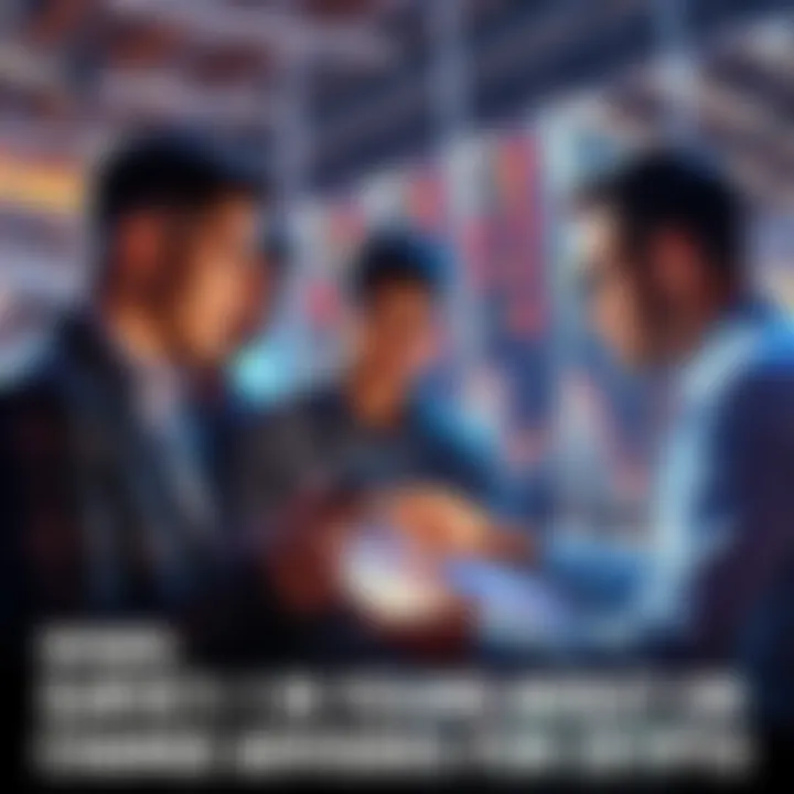 A group of young investors looking at charts and discussing cryptocurrency options with a financial adviser